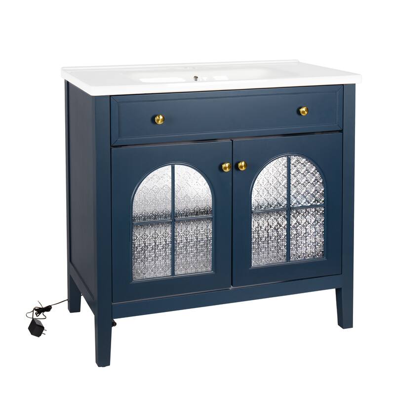 Modern Single Sink Bathroom Vanity Cabinet with Motion-sensor Light Strip & Patterned Glass, Ceramic Integrated Basin