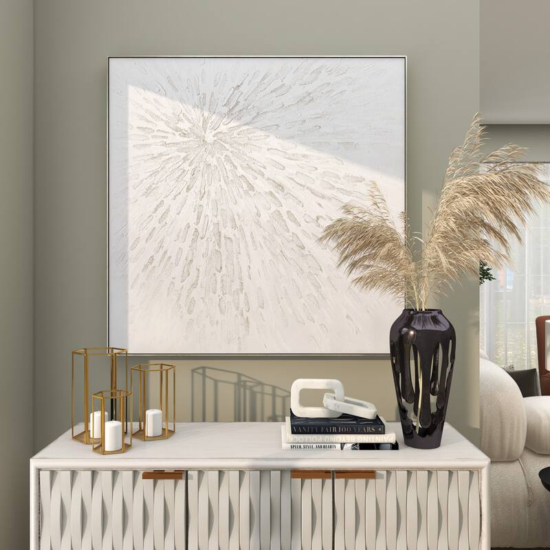Canvas Starburst Abstract Metallic Living Room Framed Wall Art with Silver Foil Accents - White - CosmoLiving by Cosmopolitan