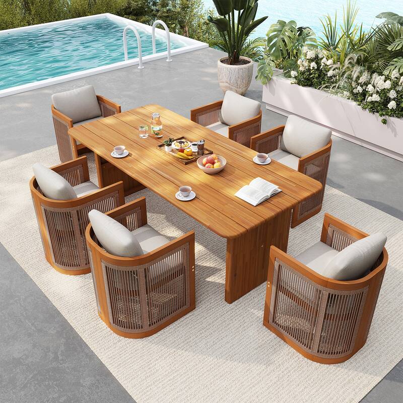 Outdoor 7-Piece Solid Wood Dining Set - Beige