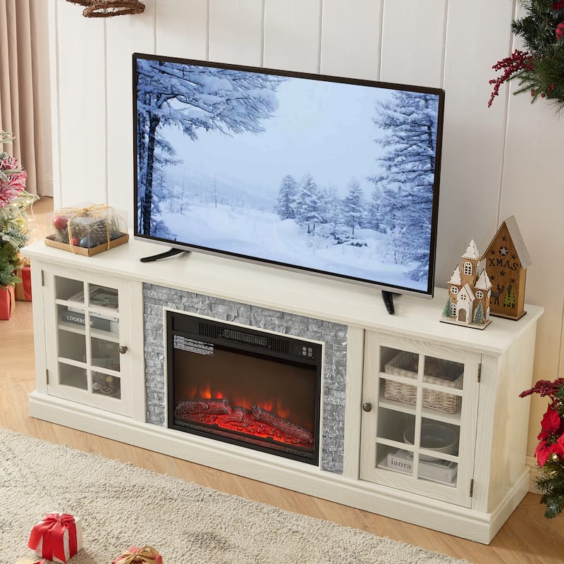 Fireplace TV Stand with 23" Electric Fireplace, Faux Stacked Stone Surround Media Cabinet TV Console for TVs up to 75"