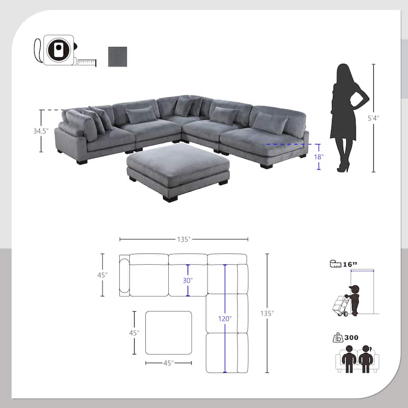 Braidy Corduroy 6-Piece Modular Sectional with Ottoman