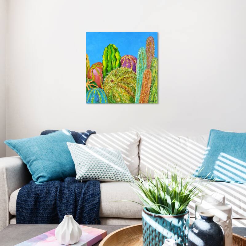 Wynwood Studio Canvas Floral and Botanical Vivian Fache - Giro-Cactus II Right Blue and Tropical Wall Art Canvas Print - 20 x 20