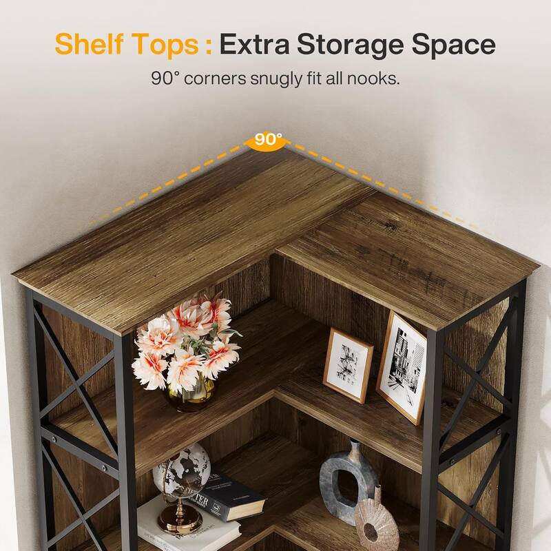 5-Tier Corner Bookshelf Bookcase, 71 Inch Tall Corner Shelf, Wood and Metal L-Shaped Display Rack with Baffle