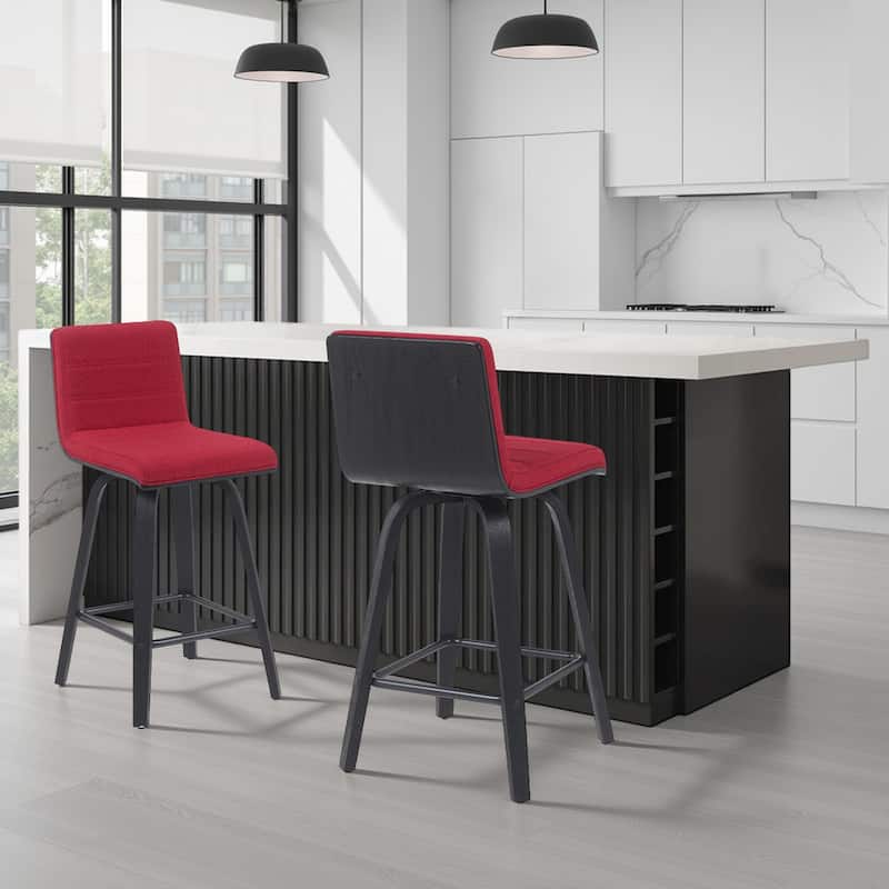 Skara Mid-Century Swivel Counter Stool, Upholstered Counter Height Chair with Bentwood Legs - Red Fabric & Black - Set of 2