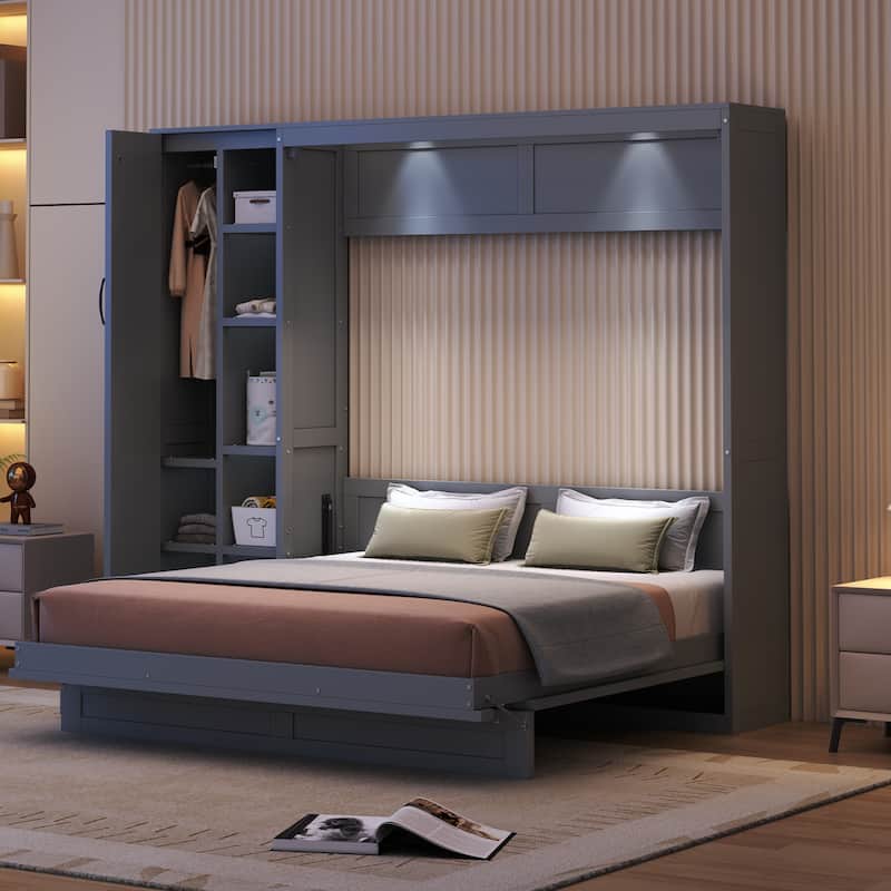 Queen Size Murphy Bed Wall Bed with Shelves,Wardrobe and LED Lights