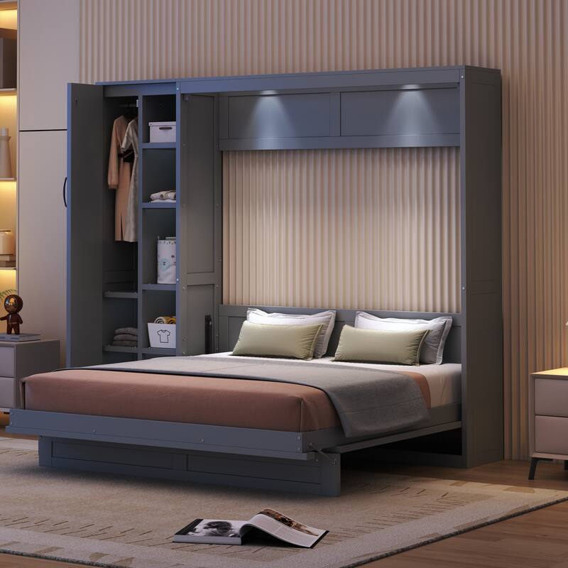 Space-Saving Queen Murphy Bed with Shelves, Wardrobe and LED Lights in Gray