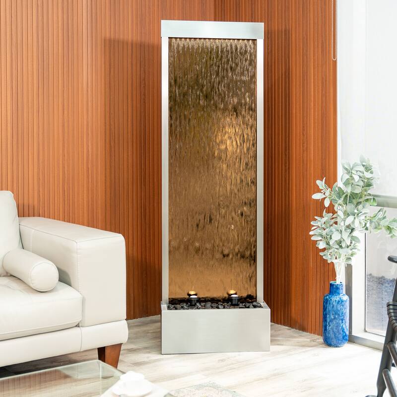 68 in H Freestanding Waterfall Fountain w/ Decorative Rocks LED, Auto-Shut Off Pump Stainless Steel/Bronze Glass, Silver Frame