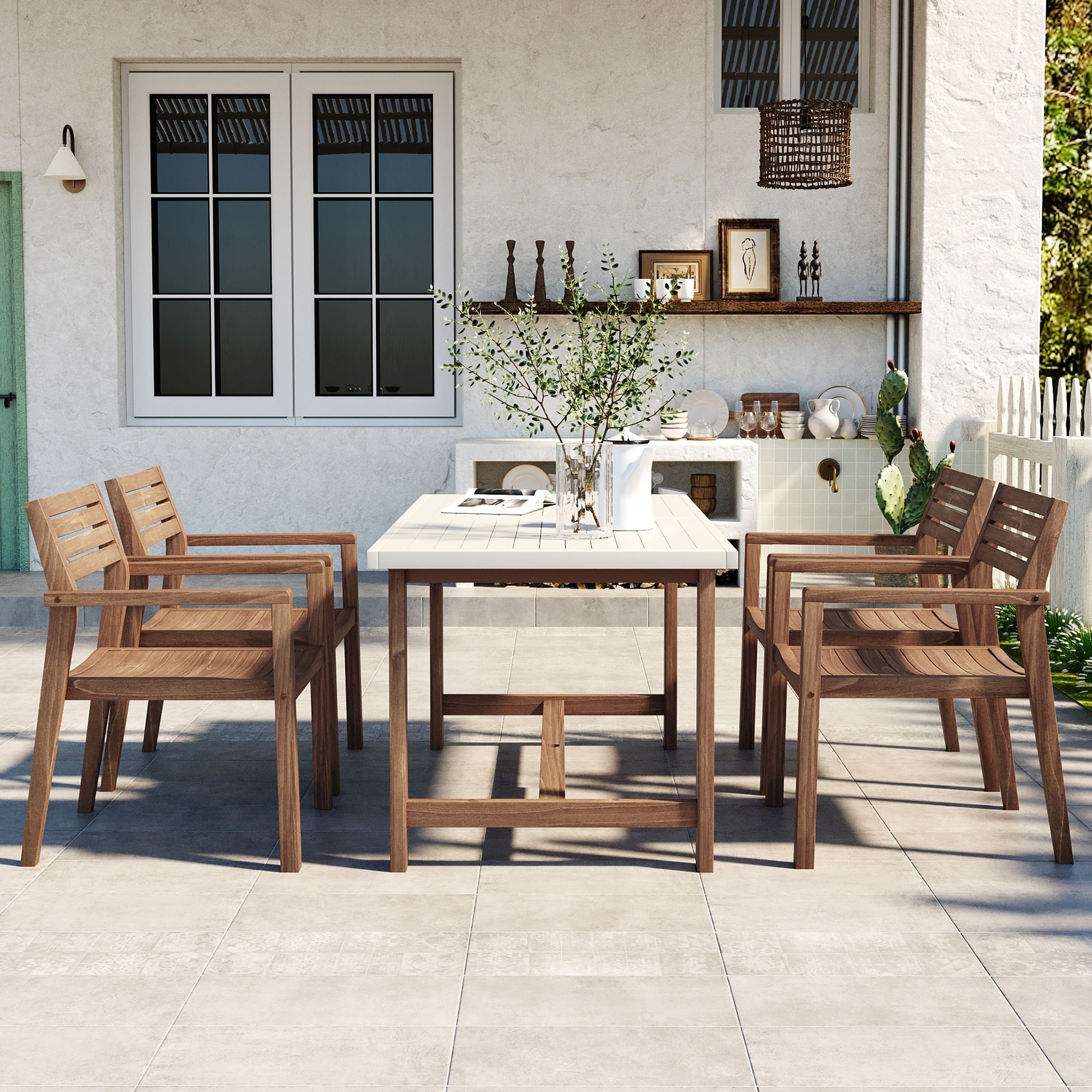 5-Piece Wood Outdoor Dining Set Light Brown Rectangular Patio Dining Table & 4 Chairs with Built-In Umbrella Hole