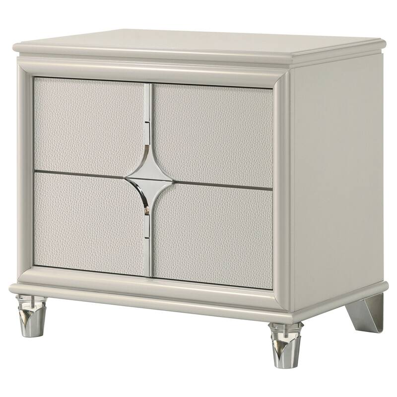 Pearl White 2-Drawer Nightstand with Diamond Star Design, Chrome Pulls, Acrylic Legs and Cord Management