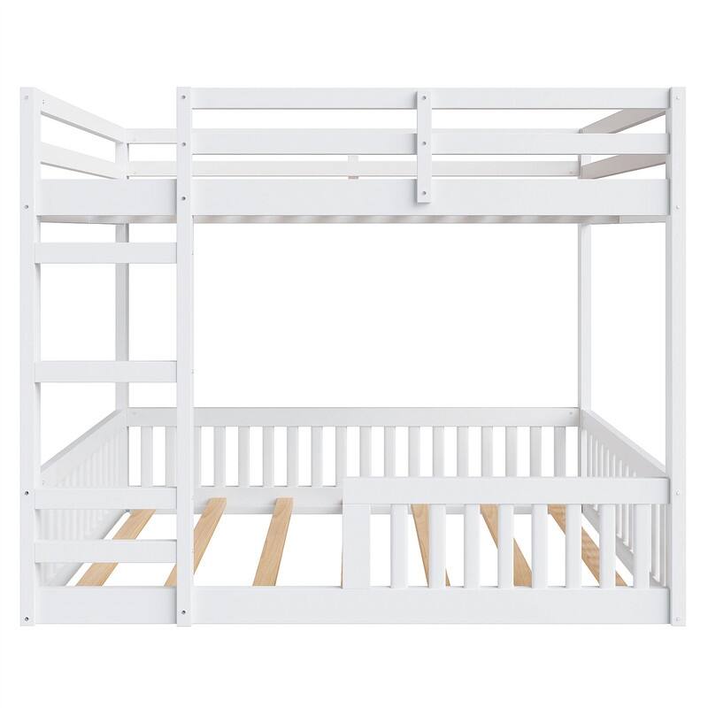 Full over Full Size Bunk Bed with Ladder and Guardrails, Wooden Floor Bunk Bedframe with Slats Support for Kids