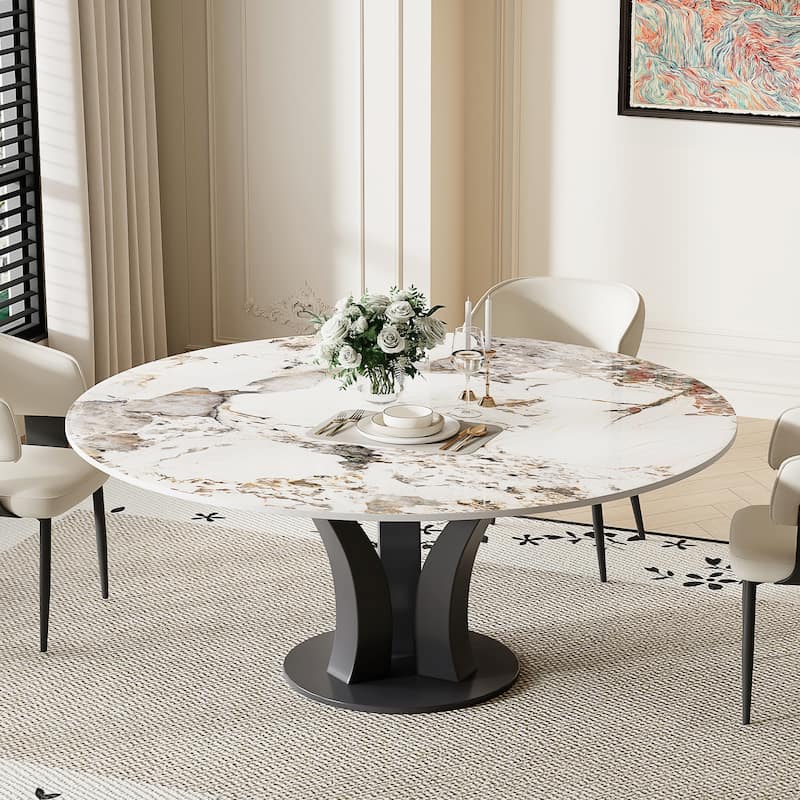 59" Round Sintered Stone Dining Table for 6-8, Glossy Pandora Table top