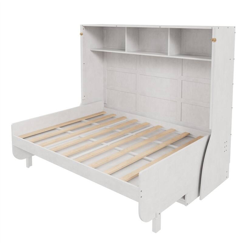 Full Size Murphy Bed Wall Bed with Desk, Folding Murphy Cabinet Bed with Storage Shelves, Space Saving Design Murphy Bed Chest