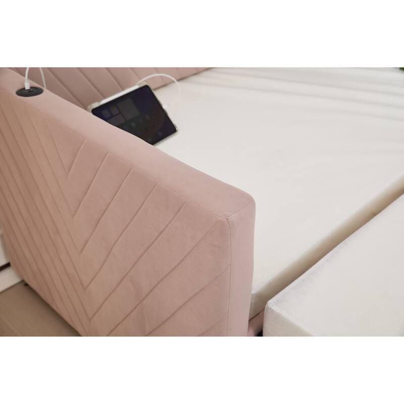 Twin Size Velvet Daybed with Trundle, USB Charging Port & Side Pockets, Modern Upholstered Sofa Bed with V-Pattern Backrest