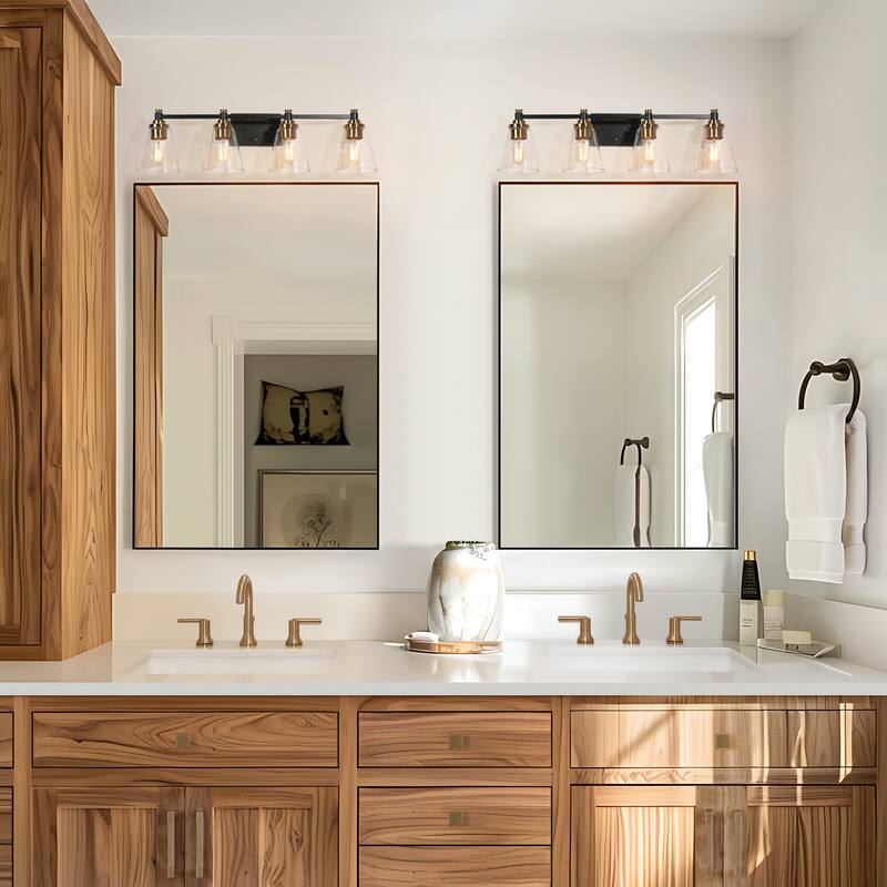 4-Light Modern Black Gold Bathroom Vanity Lights Glass Wall Sconces