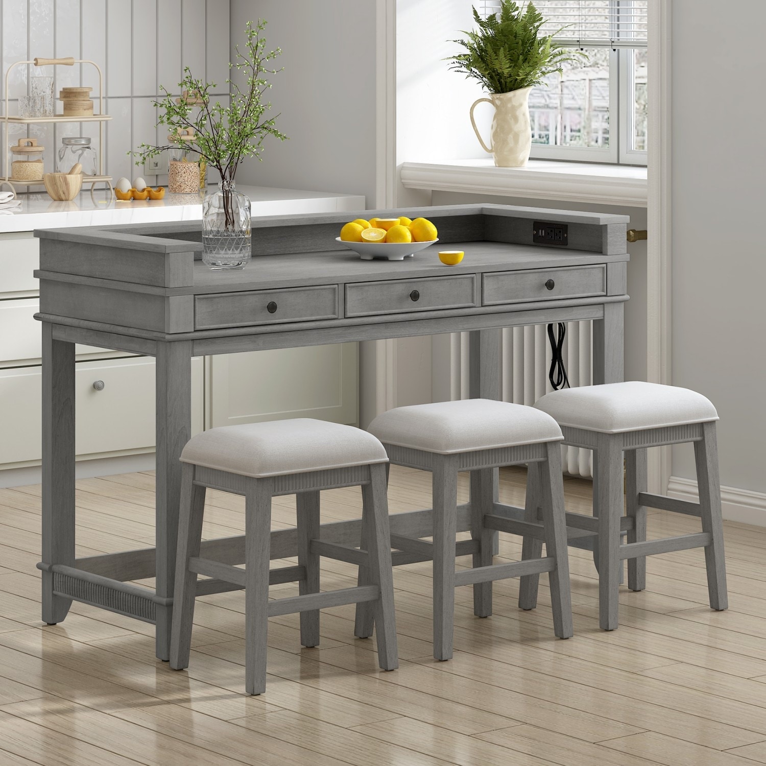 4-Piece Retro Dining Set Dining Table with USB with 3 Upholstered Stools