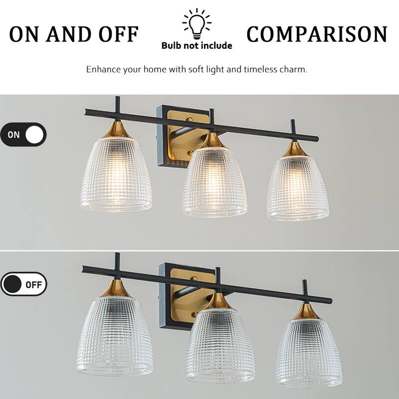 3-Light W21" Contemporary Bathroom Vanity Wall Light in Black and Brass Finish with Dome Shape Clear Textured Glass Shade