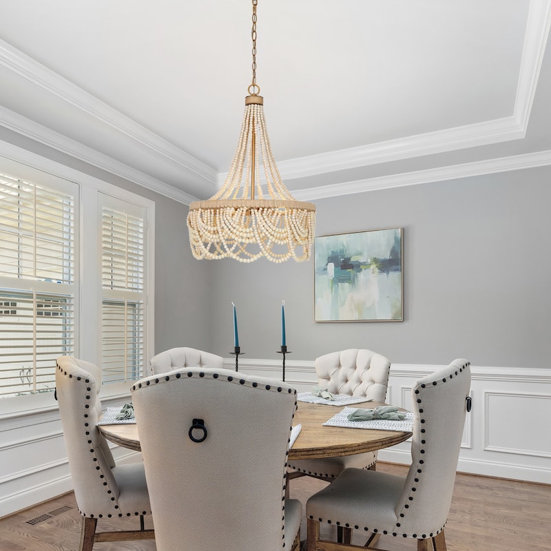 Farmhouse Distressed Wood Beaded Chandelier Empire 3-light Hemp Rope Basket Coastal Ceiling Lights - D 20" x H 33"
