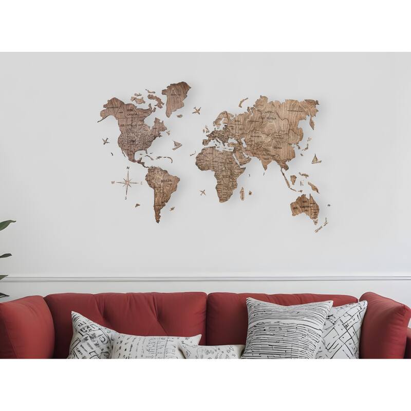 HomeRoots 24" X 39" Brown Wood World Map Hanging Dimensional Sculpture - Brown - 39.00 in. x 24.00 in.  x 0.24 in.