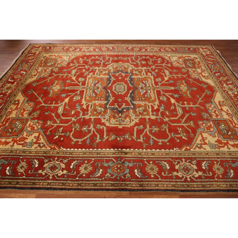 Medallion Heriz Serapi Indian Area Rug Hand-Knotted Floral Wool Carpet - 7'11" x 9'10"