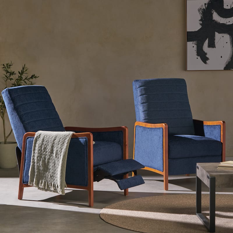 Anaura Channel Stitch Pushback Recliners by Christopher Knight Home - Navy Blue+ Walnut