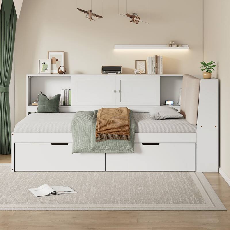 Wooden Twin Size L-shaped Daybed Corner Bed Under-bed Drawers with Storage Bookcase and Upholstered Headboard