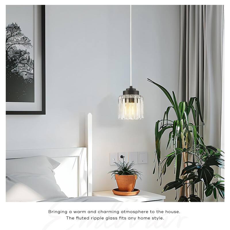 Modern 1-Light Clear Fluted Ripple Glass Adjustable Pendant