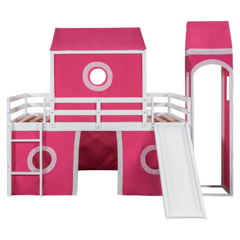 Roomfitters Full Size Loft Bed with Slide, Pink Tent and Decorative Tower, Playful Sleeping Platform, Pink
