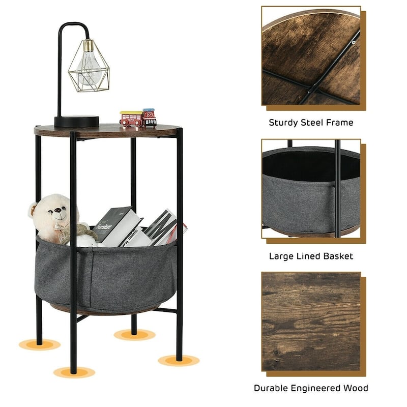 Industrial Round End Side Table Sofa w/ Storage - 16.5" x 23.5" H