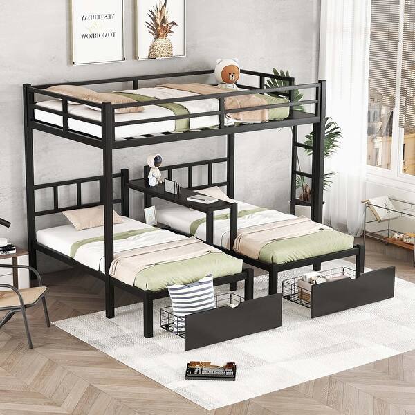FULL XL Over Twin and Twin Triple Bunk Bed with Drawers - Bed Bath ...