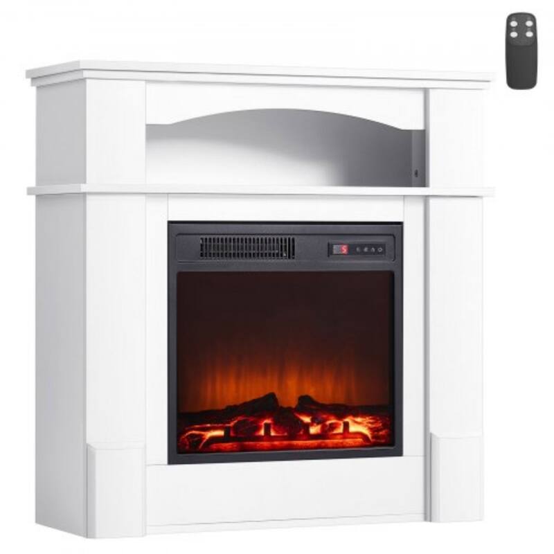 White 1500W Compact Wood Frame Electric Heater with Infrared Heat and Adjustable Flame Brightness - 20.08” x 18.11” x 5.51"