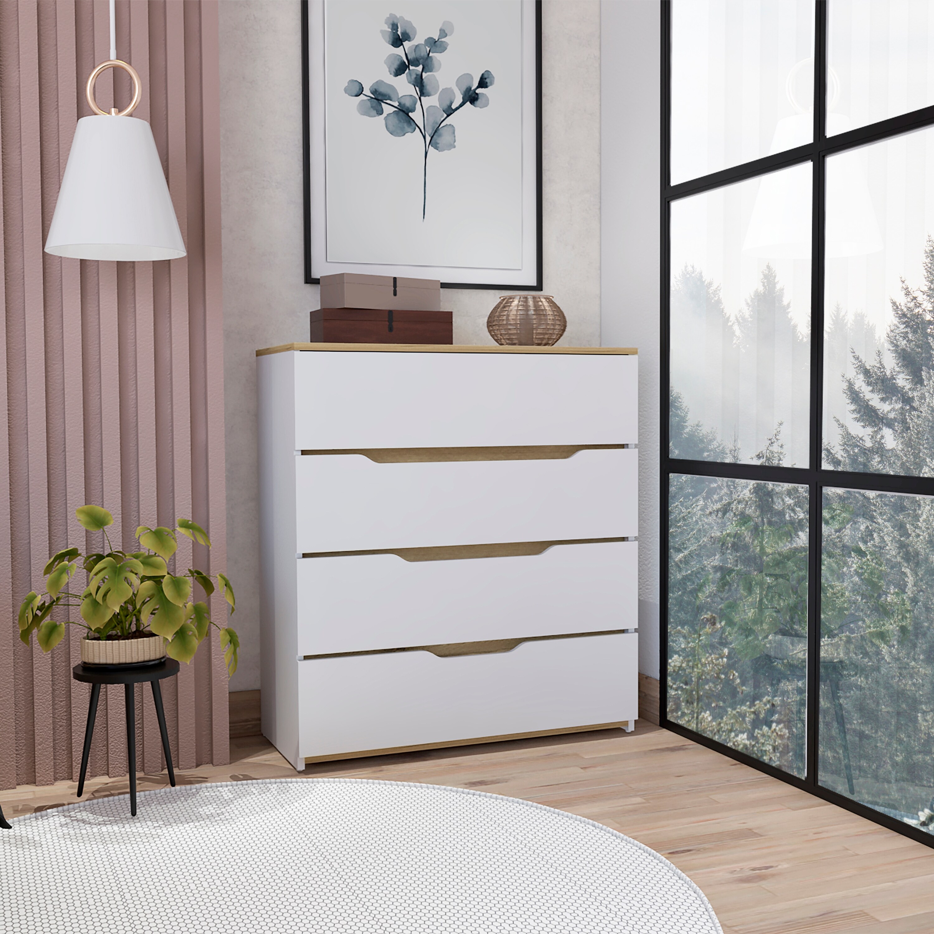 Modern Contemporary Light Oak and White Four Drawers Closet