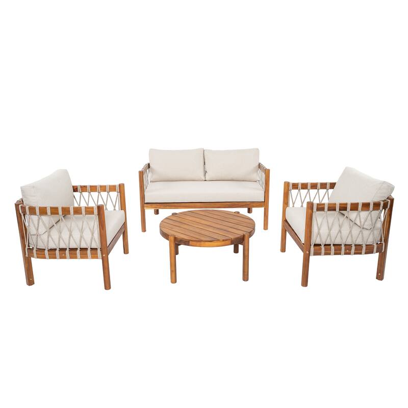 Scott Living Coastal Haven 4-Piece Outdoor Seating Set with Coffee Table Aacia Wood with Beige Cushions