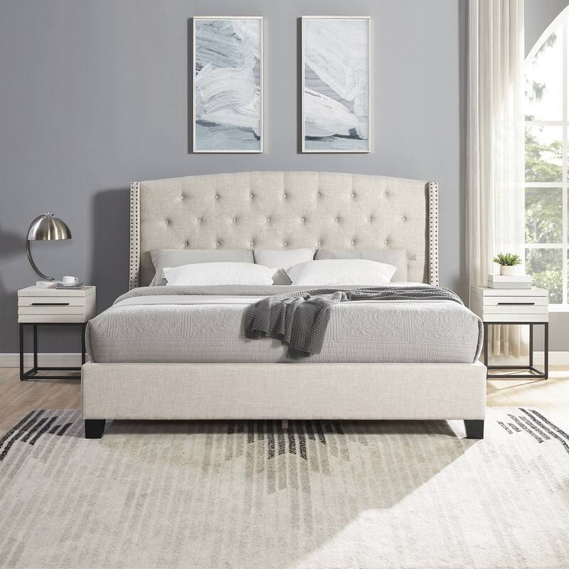 3-Piece Upholstered Bedroom Set, Tufted Wingback Bed with Two Nightstands - Gray/White