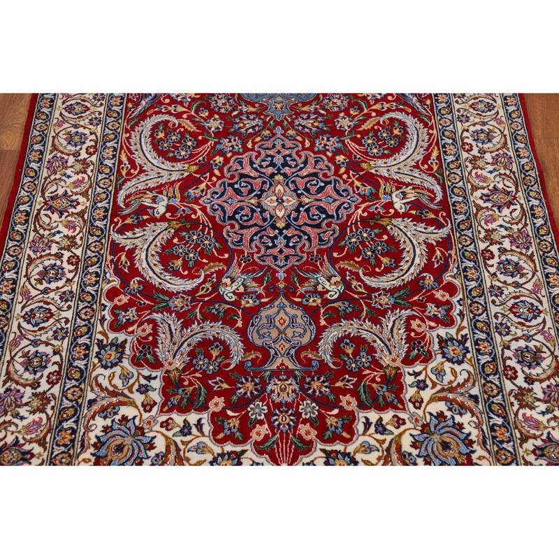 Vegetable Dye Red Wool & Silk Isfahan Persian Rug Hand-Knotted - 3'7"x 5'7"