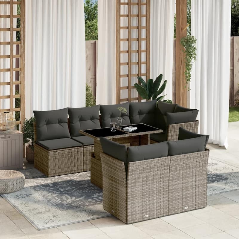 vidaXL Patio Sofa Set with Cushions Outdoor Furniture 8 Piece Poly Rattan - 21.7 x 39.4 x 28.7 in