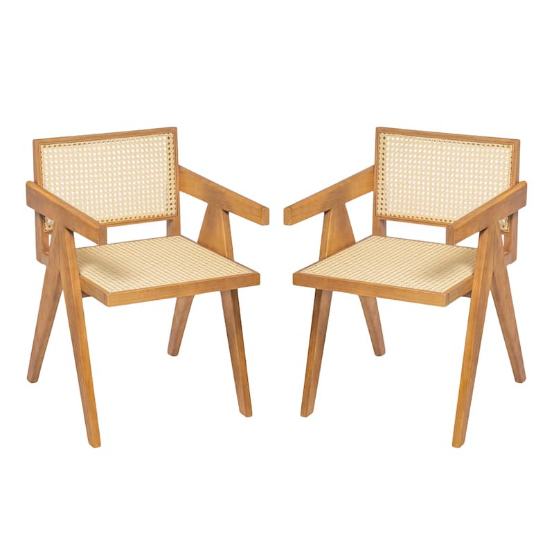 2-Piece Dining Room Arm Chairs Set with Square Rattan Backrest