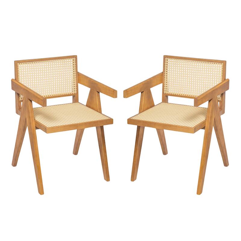 Roomfitters Chandigarh Solid Wood Dining Armchair with Natural Rattan Cane Back, Natural Set of 2 - Natural