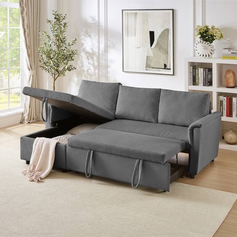 L-Shaped Loveseat Sofa with Chaise, Modular Sectional Couch, Convertible Sleeper Sofa with Pull-Out Bed, Storage