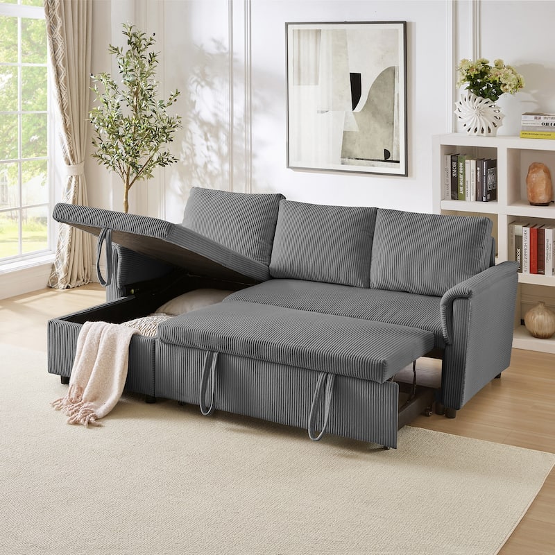 Pull-out Daybed L-Shaped Loveseat Sofa with Storage Chaise Lounge Convertible Sleeper Sofa Bed Tufted Upholstered Reclining
