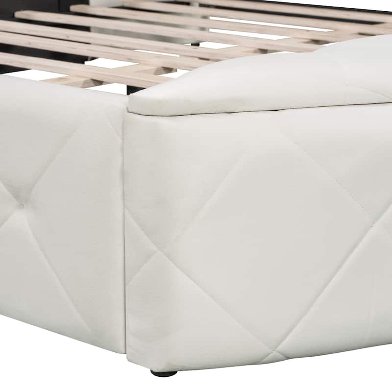 Low Profile Bed Queen Size Velvet Upholstered Platform Bed with Wingback Headboard, Big Drawer and 2 Semicircle Side Stools