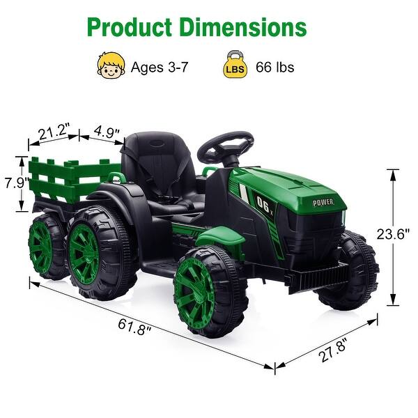 dimension image slide 0 of 2, 12V Kids Ride On Tractor with Trailer, Battery Powered Electric Vehicles Toy