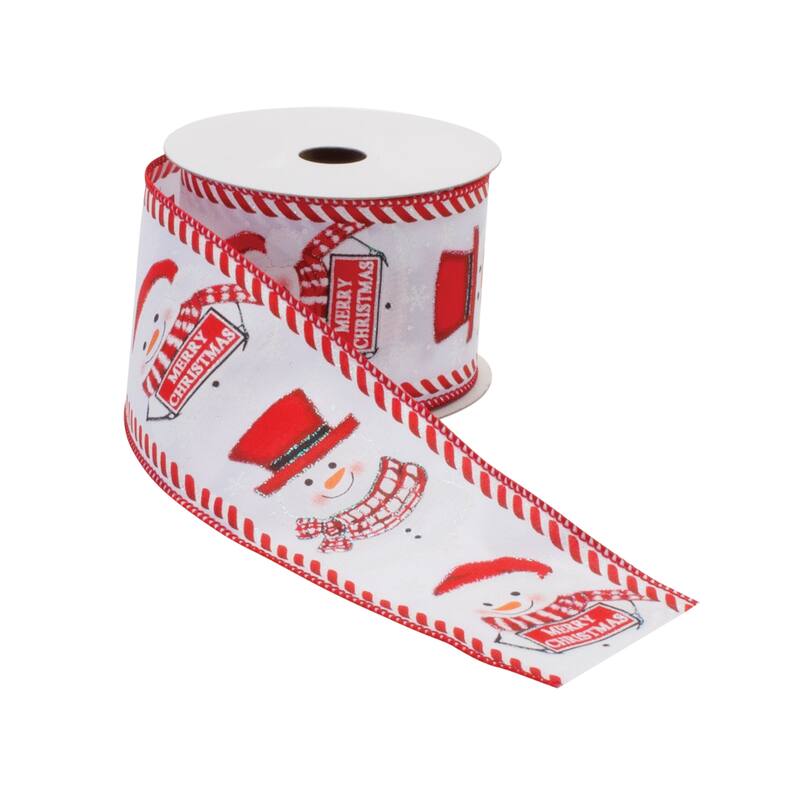 10 Yards Set of 2 Red and White Polyester Wired Ribbon with Snowman Design for Gift or Wrapping and Decorating