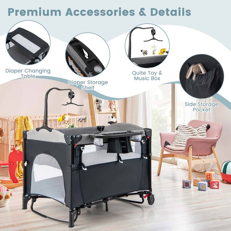 Honeyjoy 5-in-1 Baby Crib with Adjustable Height Soft Mattress - See Details