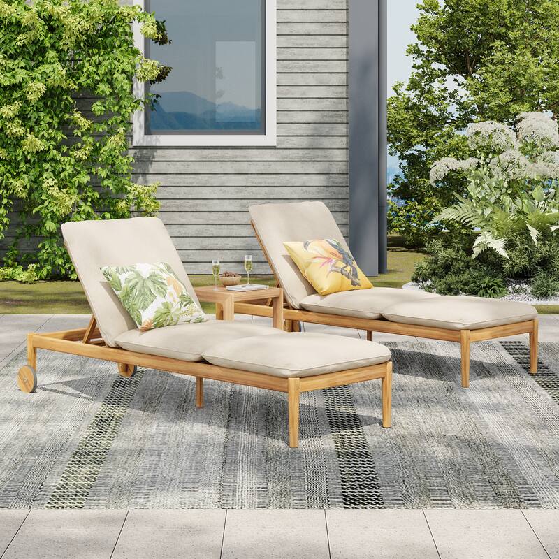 Roomfitters Riviera Outdoor Acacia Wood Chaise Lounge with Wheels and Cushion, Teak Finish Set of 2