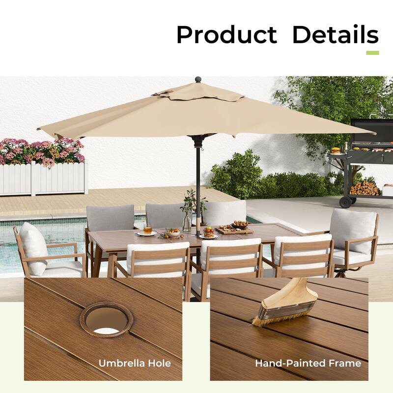 Riviera 9-Piece Brown Aluminum Patio Dining Set with Rectangular Table, 8 Swivel Dining Chairs and Light Gray Cushions