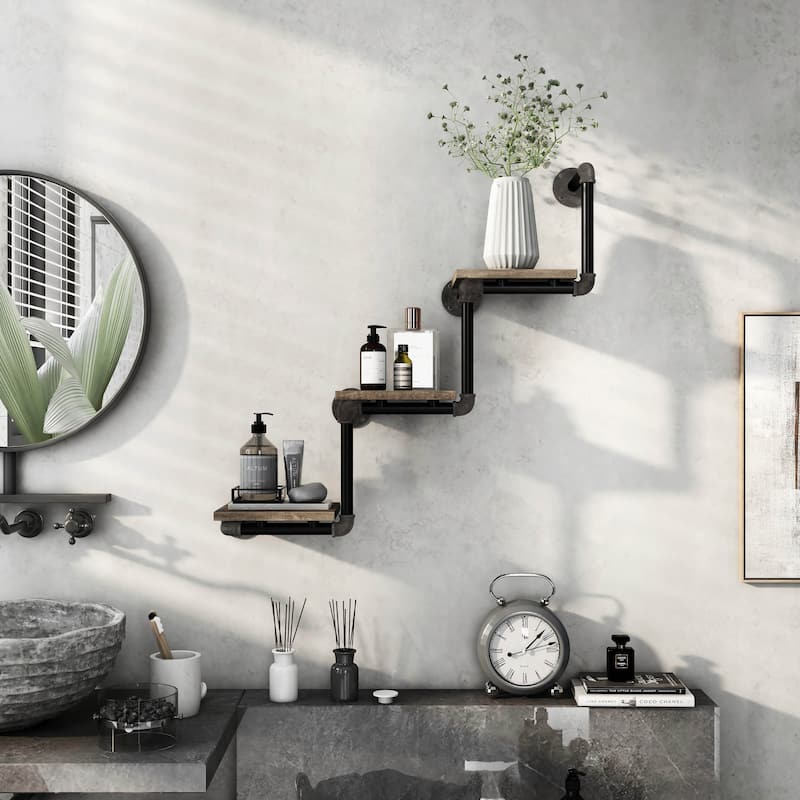 DH BASIC Industrial Reclaimed Oak Metal 3-Tier Wall Shelf by Denhour