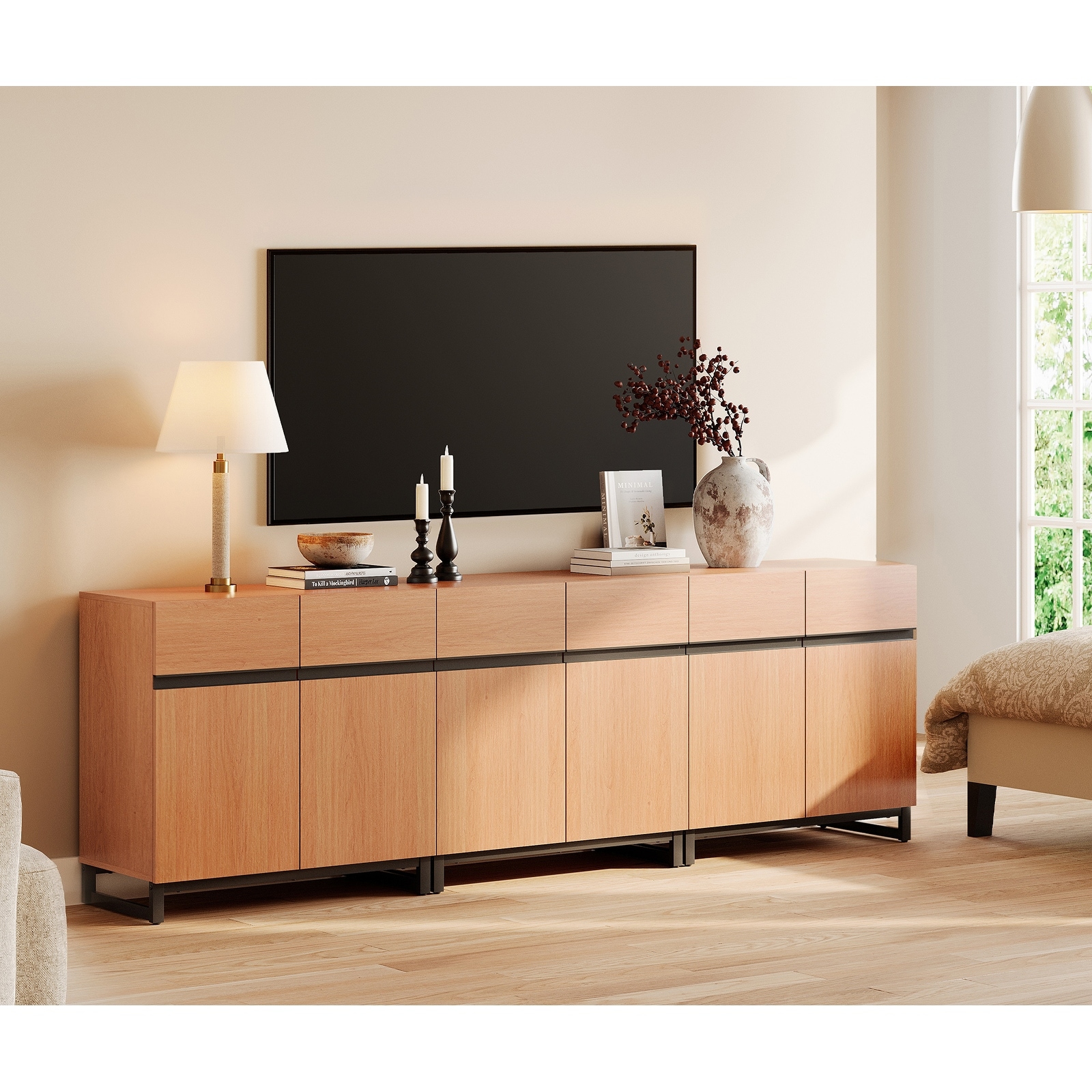 WAMPAT Modern TV Stand with Storage Cabinets for Living Room,Bedroom,Brown