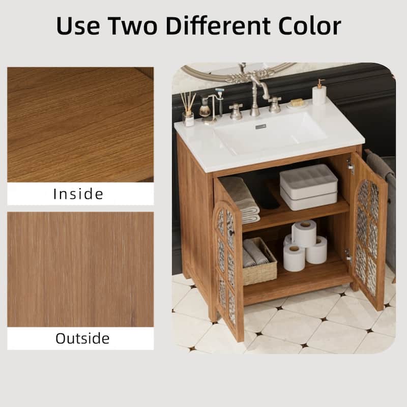 31" Farmhouse Bathroom Vanity with Ceramic Sink, Vintage Rustic Cabinet, Soft-Close Doors, Bronze Pulls