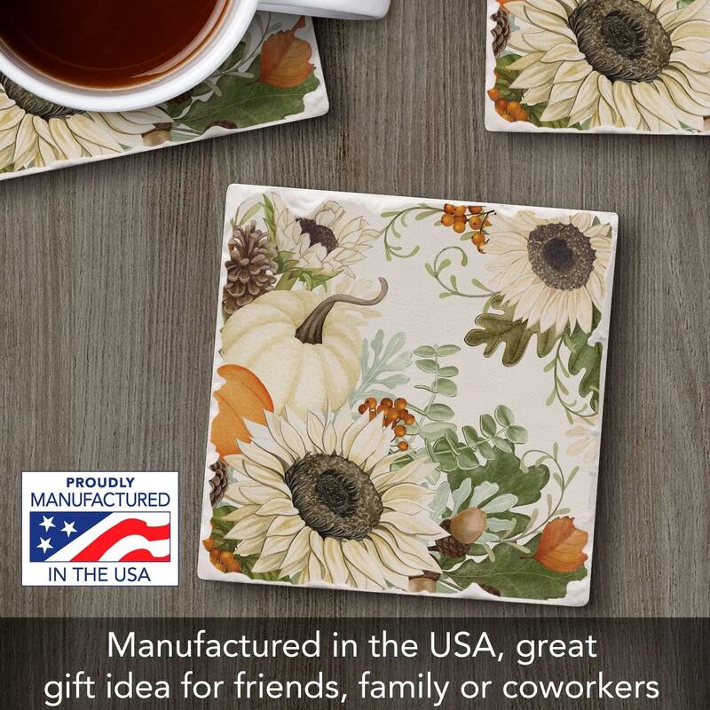 Absorbent Stone Tumbled Tile Coasters, Sunflowers & Pumpkins, Set of 4