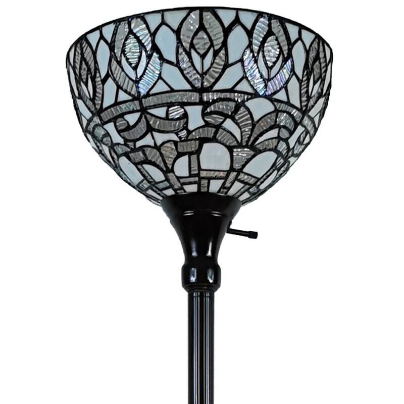 Brown Metal Torchiere Floor Lamp with White Stained Glass Dome Shade - 12” x 12” x 62” (D x W x H)
